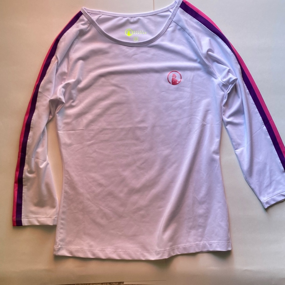 Cute athletic top-matching shorts also listed. SM. Never worn. Long sleeves.